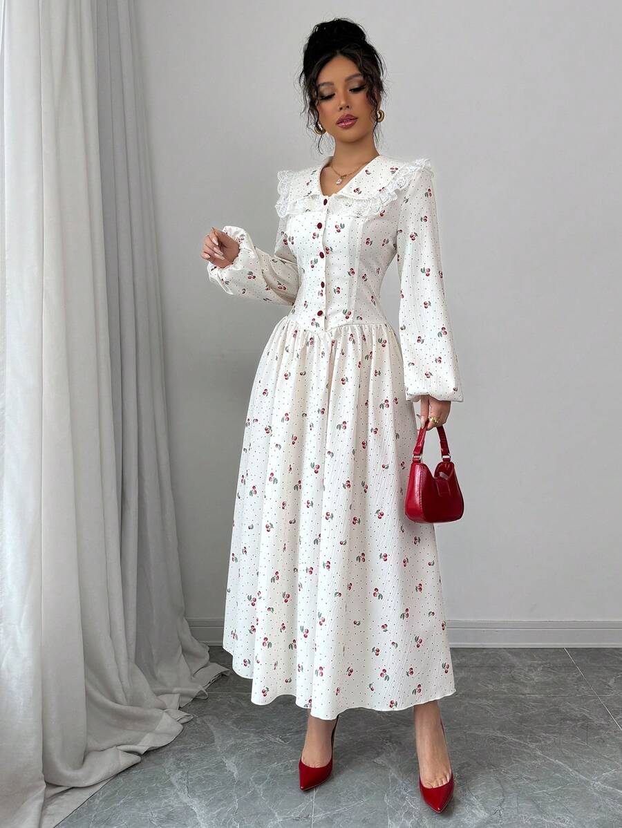 Modelyn 女士编织花卉印花荷叶边下摆长袖纽扣腰 A 字连衣裙 - 杏色 - 查看 1