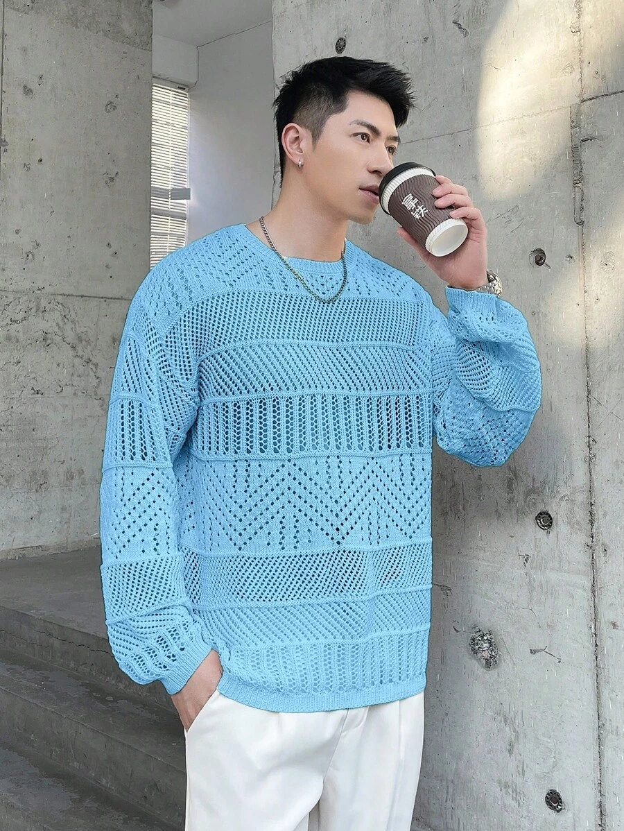 Claim Dot Men's Solid Color Crew Neck Long Sleeve Basic Sweater, Casual Everyday Wear - Teal Blue - View 1
