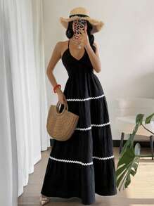 SHEIN Raffinéa Damen Lässig Resorts Stil Spaghettiträger Asymmetrisches Langes Kleid mit Gerüschtem Saum und Rückenausschnitt, Frühling/Sommer Neuerscheinung Schwarz - Schwarz - Übersicht 4