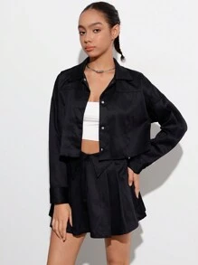 Aveloria Affinna 2pcs/Set Women Button-Up Short Sleeve Shirt And Low Waist Mini Skirt, Casual College Style Back To School Outfit