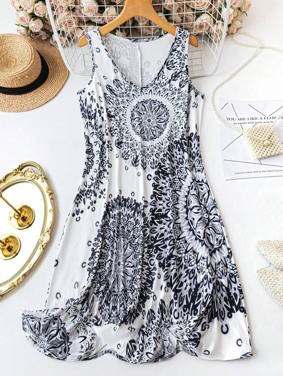 SHEIN LUNE 大码夏季简约休闲日常连衣裙 - 黑與白 - 查看 1