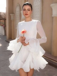 Aveloria Rosie Váy ngắn tay loe viền bèo màu trắng sang trọng của Pháp, vải có họa tiết, tay dài - trắng - Xem 4