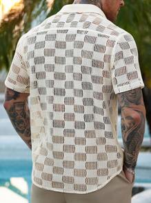 Manfinity RSRT Men's Simple Hollow Front Button Casual Short Sleeve Shirt, Men Summer Beach Shirt - Beige - View 2