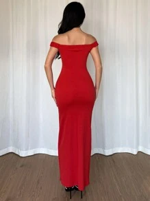 xheRafferiza Vestido elegante para el Día de San Valentín con abertura y flor 3D, vestido de graduación con hombros descubiertos, vestido de cóctel rojo para mujer, vestido de fiesta de Año Nuevoxhe - Rojo - Ver 5