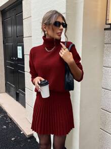 EMERY ROSE 2pcs/Set Women Solid Color Turtleneck Sweater And Pleated Skirt Sets, Casual For Autumn/Winter Fall Cloth For Women - Red - View 3