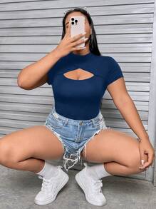 SHEIN EZwear 加大码圆领前开襟紧身胸衣黑色 T 恤 - 藏蓝色 - 查看 6