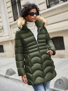 EURMUSE Fuzzy Trim Hooded Puffer Coat - Green - View 4