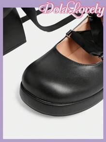 Dola Lovely 女士圆头玛丽珍鞋，后拉链，法式新款黑色缎带系带，酷炫高跟防水台粗跟浅口鞋