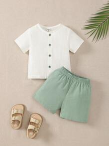 Souflis Souflis 男宝宝春秋圆领简约时尚百搭户外短袖纯色上衣+运动松紧腰直筒百慕大短裤男童两件套 - 彩色 - 查看 1