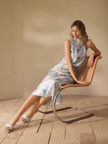 SHEIN Clasi 女士植物印花优雅中长连衣裙