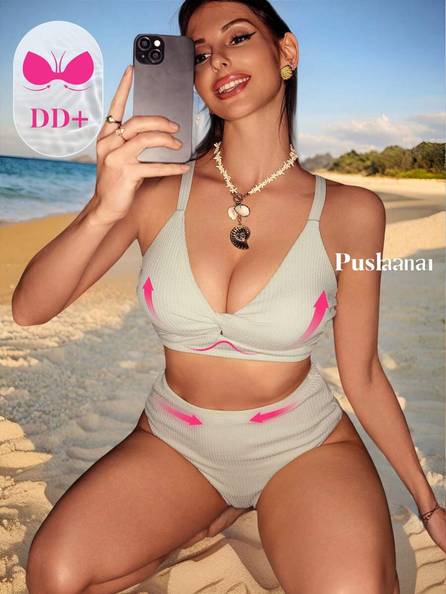 Swim DD+ Summer High Waist Twist Strap Bikini Set