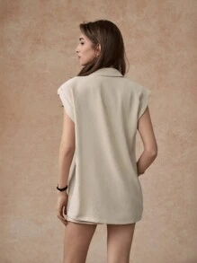 SHEIN Unity 优雅米色西装外套搭配短裤套装，春夏女士套装 - 卡其色 - 查看 2