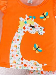 SHEIN 2pcs Baby Girls Cute Giraffe & Ditsy Floral Sleeveless Top With Pants Set, Summer