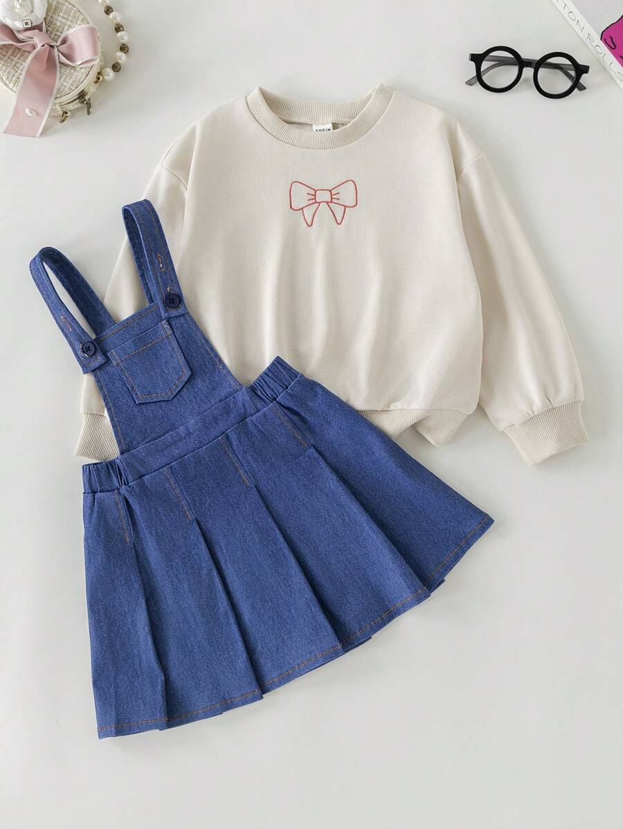 PrepCrw Conjunto de 2 piezas para niñas jóvenes con sudadera con capucha bordada con lazo y falda de tirantes - Multicolor - Ver 1
