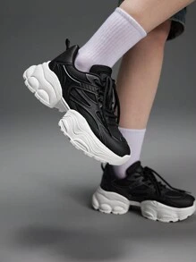 Vate Women's Platform, Wedge Heel, Breathable Casual Athletic Chunky Sneakers - Black and White - View 2