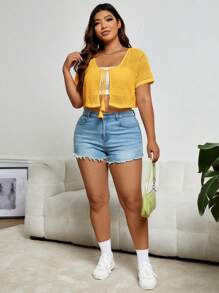 SHEIN EZwear Plus Size Women's Yellow Tie Front Crochet Knit Crop Top For Summer - Yellow - View 3