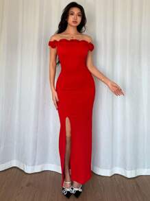 xheRafferiza Vestido elegante para el Día de San Valentín con abertura y flor 3D, vestido de graduación con hombros descubiertos, vestido de cóctel rojo para mujer, vestido de fiesta de Año Nuevoxhe - Rojo - Ver 6