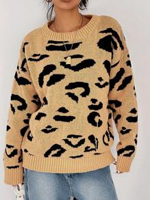 SHEIN EZwear Suéter informal y cálido con cuello redondo y estampado de leopardo, adecuado para otoño/invierno para mujer