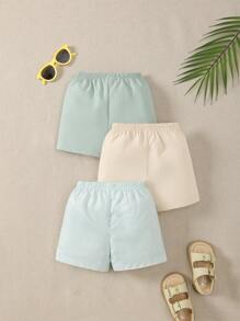 SHEIN 3-Piece Elastic Waist Straight Loose Striped & Solid Color Shorts Set For Baby Boy - Multicolor - View 2