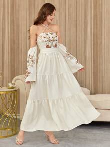 Modelyn Women's Long Crossed Straps Kuwait Pattern Waist A-Line Elegant Romantic Vacation Dress - White - View 3