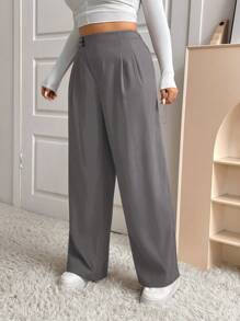 SHEIN EZwear Plus Size Mid-Waisted Drawstring Asymmetrical Waistline Straight-Leg Pants, Autumn/Winter - Grey - View 5