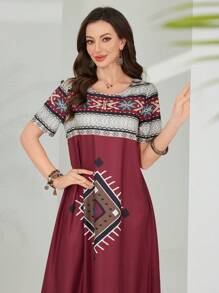 Lacomfia Spring/Summer Round Neck Loose Printed Casual Dress - Red - View 5
