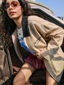 SHEIN EZwear Beżowa damska kurtka typu bomber z nadrukiem w litery, z długim rękawem - Beżowy - Zobacz 7