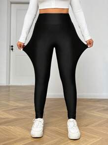 Solflare Plus Size Solid Color Slim Fit Elastic Leggings, Casual Everyday Wear - Black - View 1