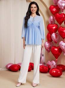 Chiquease Camisa casual de mujer con cuello de lazo y fruncido - Azul - Ver 6