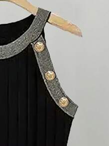 Plus Size Solid Color Splicing Round Neck Sleeveless Button Casual Sweater Dress - Black - View 3