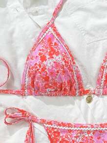 SHEIN Swim Springbreak Women's Summer Random Ditsy Floral Spaghetti Strap Ruffled Sexy Bikini Set - Multicolor - View 3