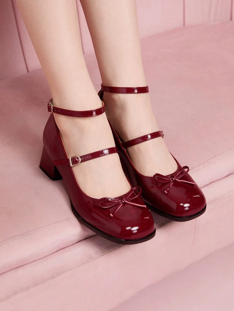 CUCCOO DOLLMOD Women's Fashion Burgundy Patent Leather Mary Jane Bow Platform Pumps, Round Toe Thick Heels For School, Work, Date, Party, Holiday Spring Shoes Spring Break Easter For Christmas Spring Shoes