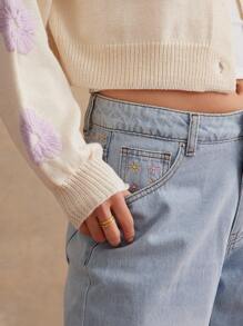 WESTFADE Jeans de mamá de ajuste holgado con bordado de flores de margaritas de primavera de talle medio, Nashville - Azul - Ver 4