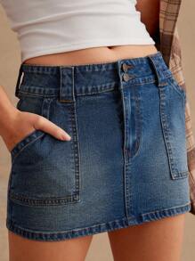 WESTFADE 弹力牛仔实用迷你裙 - 中等水洗藍 - 查看 3