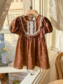 Blossori Young Girls French Elegant Floral Print Dress With Green Leaves, Deep Coffee Color Base, Round Neck, Suitable For Spring And Summer - Multicolor - View 1
