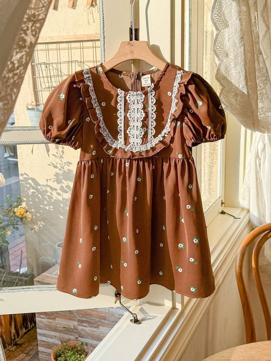 Blossori Young Girls French Elegant Floral Print Dress With Green Leaves, Deep Coffee Color Base, Round Neck, Suitable For Spring And Summer - Multicolor - View 1