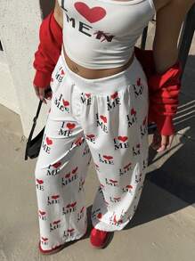 SHEIN EZwear Women's White Background Heart Decor Front Button Casual Wide Leg Pants - Multicolor - View 1