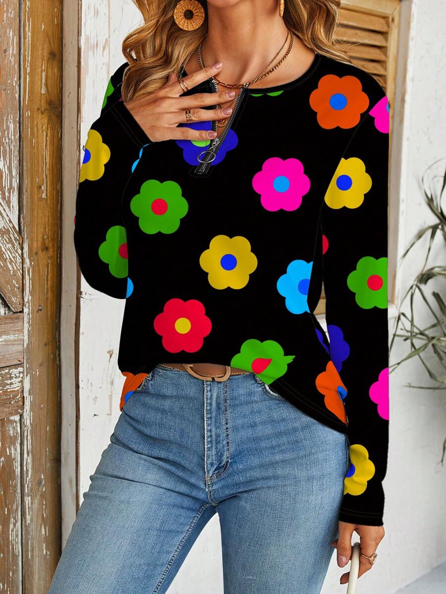 INAWLY 简约时尚休闲日常女式拉链 T 恤 - 彩色 - 查看 1