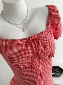 Elamini French Style Square Neck Waist Drawstring Plaid Casual Vacation Blouse Shirt Top For Women - Red and White - View 3