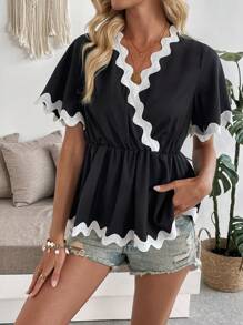SHEIN Unity Women's Elegant V-Neck Ruffle Flare Sleeve Waist Cinched Solid Color Shirt - Black - View 3