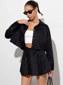 Aveloria Affinna 2pcs/Set Women Button-Up Short Sleeve Shirt And Low Waist Mini Skirt, Casual College Style Back To School Outfit
