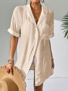 Swim Lushoire 女款短袖亞麻和服式罩衫，白色夏季波希米亞度假海灘襯衫，優雅純色鈕扣開襟休閒度假衫 - 杏色 - 查看 4