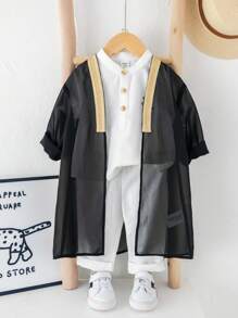 3pcs Baby Boy Summer Casual Elegant Black Mid-Length Robe, Including White Collared Short Sleeve Shirt And White Casual Pants 3-Piece Set, Suitable For Birthday Party, Evening Event, Performance, Wedding, Baby Shower, Christening And 1st Birthday Celebration