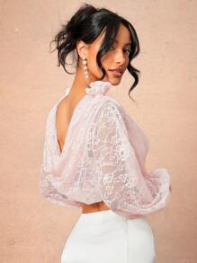 L'Amorae Summer Women, Women, Elegant Romantic Sheer Lace Long Sleeve Cowl Neck Backless Crop Blouse With 3D Flowers, Women Blouses, Summer Tops, Long Sleeve Top, Crop Top, Pink Top. For Date Night, Concerts, Performances, Parties, Clubs, Music Festivals, Vacation, Wedding