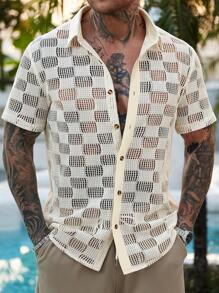 Manfinity RSRT Men's Simple Hollow Front Button Casual Short Sleeve Shirt, Men Summer Beach Shirt - Beige - View 3