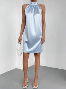 RueChic Solid Halter Neck Satin Dress - Baby Blue - View 3