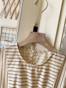 SHEIN 年轻女孩优雅法式棕褐色条纹编织圆领连衣裙，春夏 - 彩色 - 查看 3