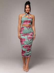 Silquee 早春优雅绿色花卉浪漫印花，浪漫情人节和约会之夜灰绿色和浅红色弹力网眼2件套，迷人女士紧身褶皱紧身2件套，情人节2件套，派对2件套，浪漫约会2件套，伴娘迷你连衣裙2件套，舞会礼服2件套，工作日2件套，节日2件套