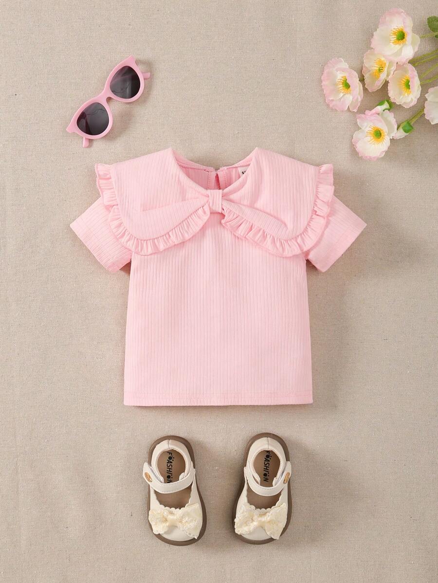 Souflis Souflis Babygirl Regular Solid Color Knitted Short Sleeve Versatile Backopen Top, Daily Wear, Baby Girl, Spring/Autumn