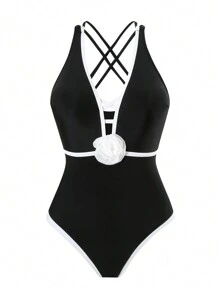 SHEIN Swim 1 Stück Damen Schwarz & Weiß farblich abgesetzter Monokini Badeanzug mit Kreuzrücken Design, für Strand Urlaub im Sommer